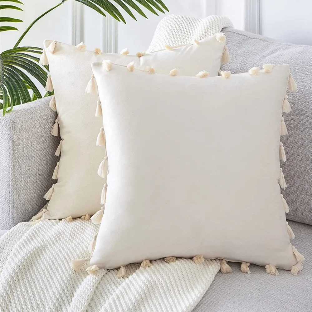 Luxury Home | Elegant Cream Luxe Soft Velvet Tassel Trim Throw Pillow Covers